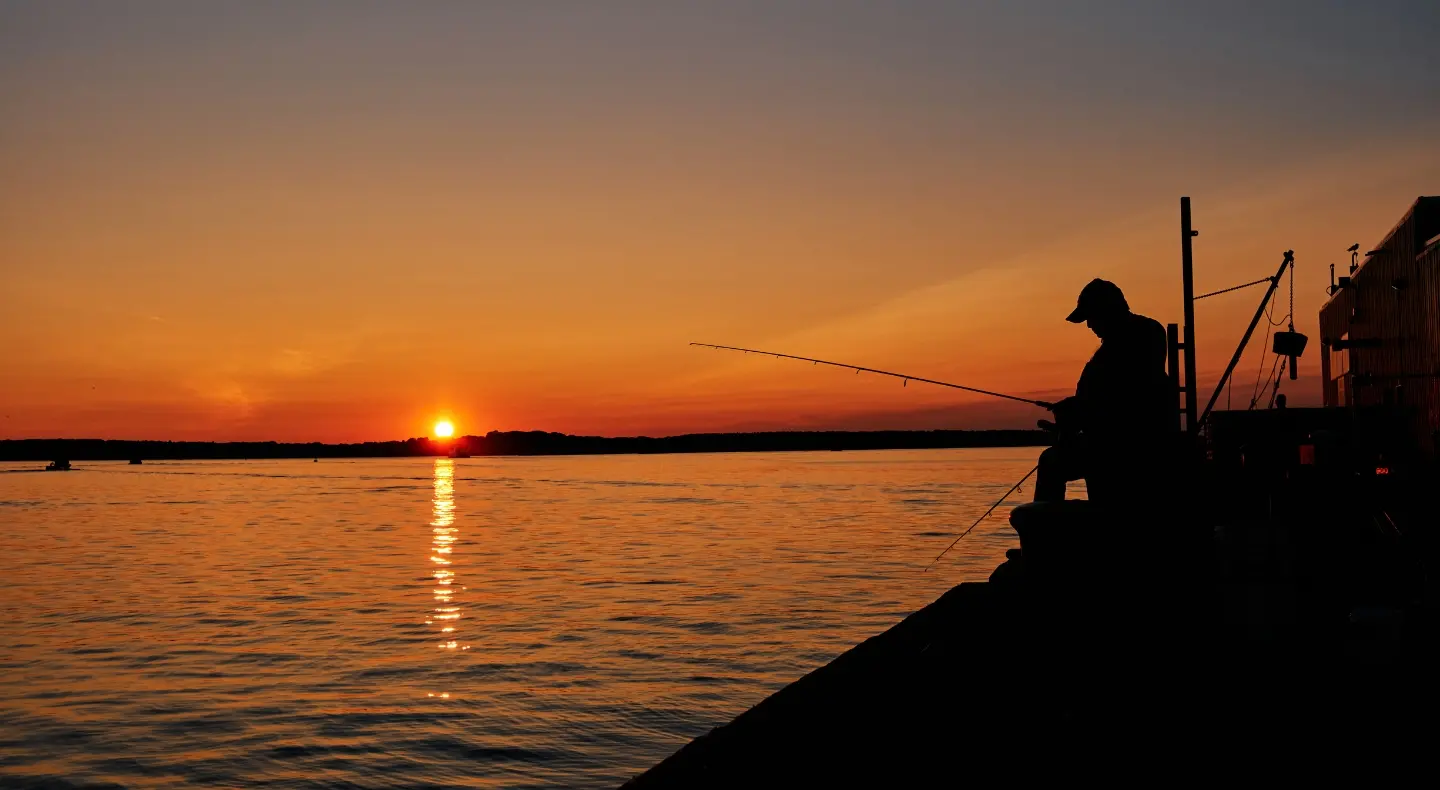 Man fishing in the ocean at sunset