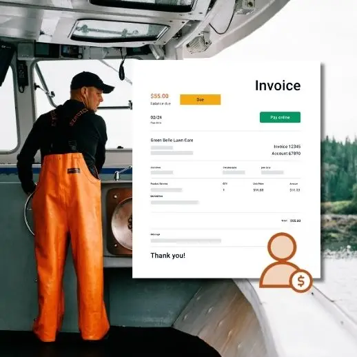 Man driving lobster boat with invoice.