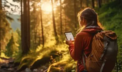 Woman outside in nature with mobile device.